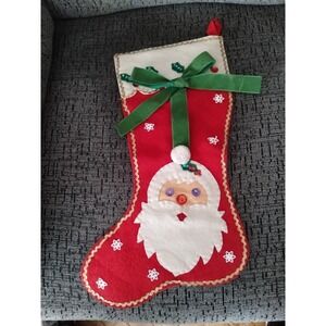 Vintage Felt Homemade Christmas Stocking Santa Holly Sequins Gold Trim Retro